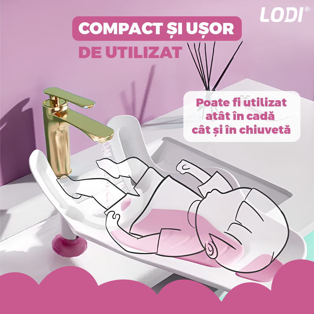 Scaun Portabil de Baie Lodi981, nou-nascuti si bebelusi, cu suport montabil tip ventuza pe chiuveta, lavoar sau cada, antiderapant, colturi rotunjite, roz