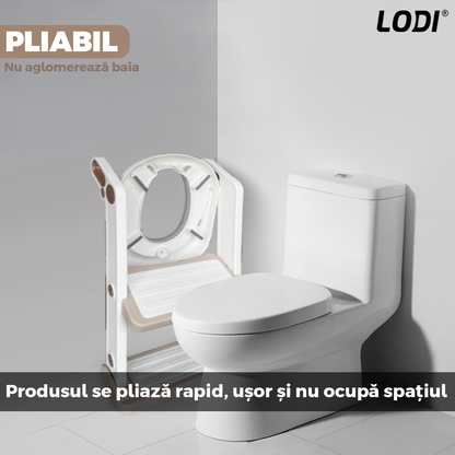 Reductor WC cu Scara Lodi647, antiderapant, pentru copii cu varsta pana la 7 ani, protectie impotriva stropilor, 2 trepte, reglabil pe inaltime, manere de sustinere, alb/rose gold