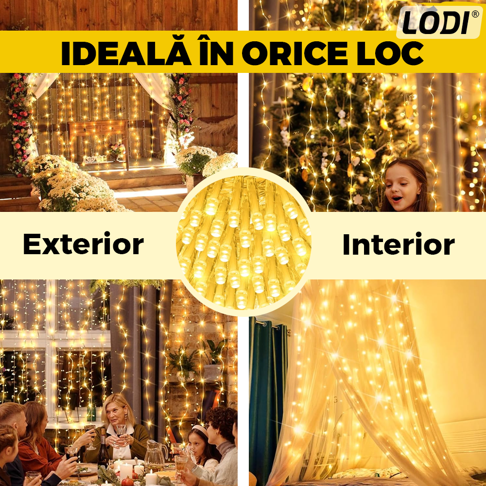 Instalatie de Craciun Perdea Lodi1439, 3x3 m, 8 jocuri de lumini, alimentare la priza, fir alb, interior/exterior, rezistenta la apa, 300 LED-uri, alb cald