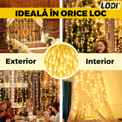 Instalatie de Craciun Perdea Lodi1439, 3x3 m, 8 jocuri de lumini, alimentare la priza, fir alb, interior/exterior, rezistenta la apa, 300 LED-uri, alb cald
