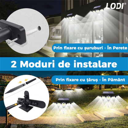 Lampa Solara 200 LED-uri Lodi266, 6 Capete, senzor de miscare, 3 moduri de iluminare, protectie IP65, Waterproof, exterior, negru