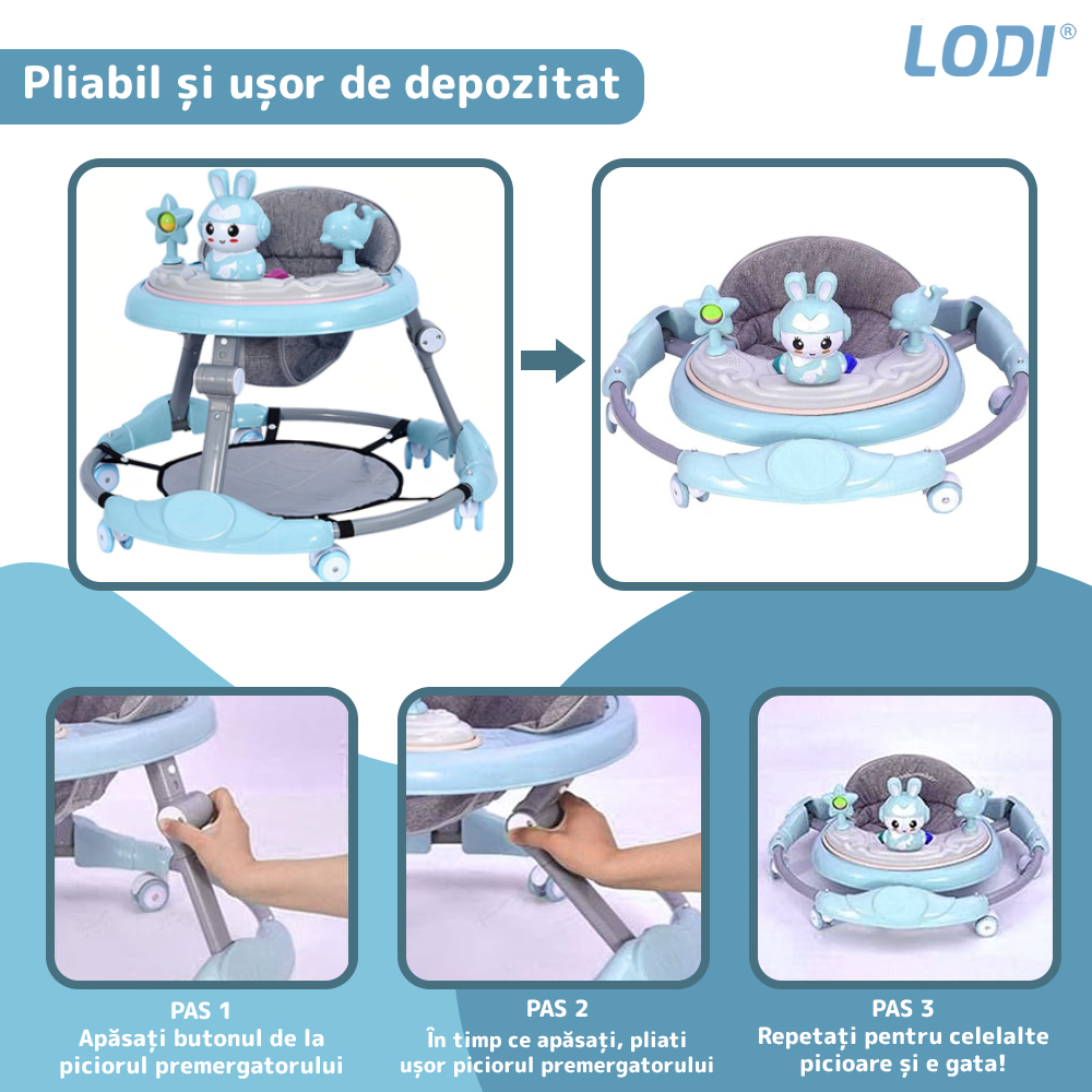 Premergator Multifunctional pentru Bebelusi Lodi30, tava cu 3 jucarii, muzica, reglabil, pliabil, greutate max 20kg, 6-36 luni, albastru
