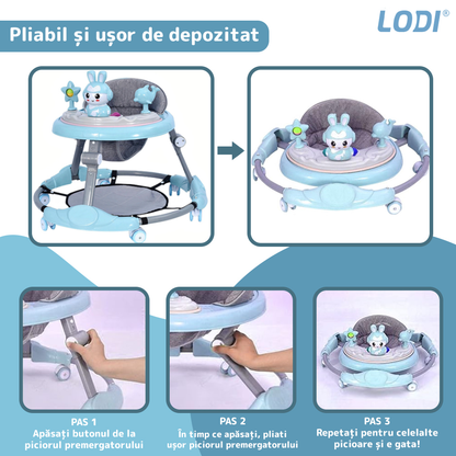 Premergator Multifunctional pentru Bebelusi Lodi30, tava cu 3 jucarii, muzica, reglabil, pliabil, greutate max 20kg, 6-36 luni, albastru