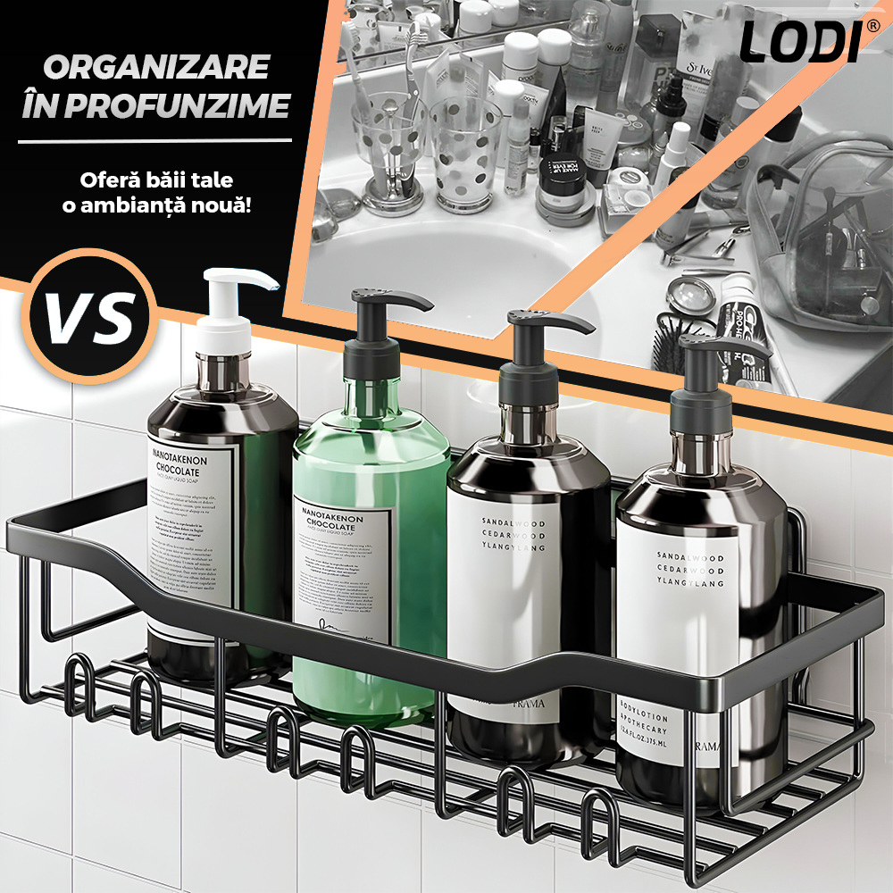 Set 5 Rafturi pentru Dus Lodi1264, depozitare si organizare, baie/bucatarie, otel inoxidabil, montare adeziva, rezistenta ridicata, cuiere incorporate, suporturi inalte, negru