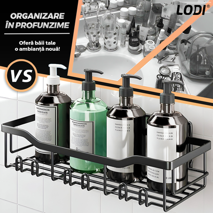 Set 5 Rafturi pentru Dus Lodi1264, depozitare si organizare, baie/bucatarie, otel inoxidabil, montare adeziva, rezistenta ridicata, cuiere incorporate, suporturi inalte, negru