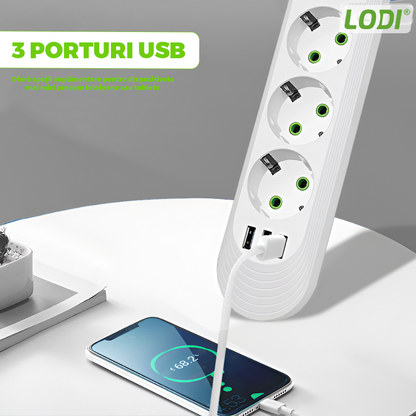 Prelungitor Lodi1276, 3 prize, 3 porturi USB, intrerupator, suport de agatare incorporat, rezistent la temperaturi inalte, universal, lungime 2 metri, alb