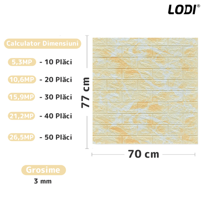 Set Tapet Caramida 3D Lodi77, Model Piatra Naturala, suprafata acoperire 5.3 mp, autoadeziv, waterproof, usor de montat, design modern, 70x77 cm, galben