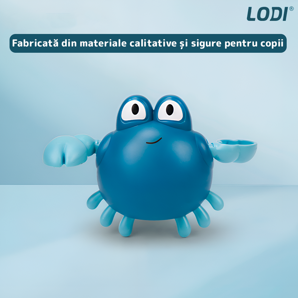 Jucarie de Baie pentru Copii Lodi856, Crab Inotator, interactiva, fara baterii, mecanism cu cheita, 9 x12 cm, albastru