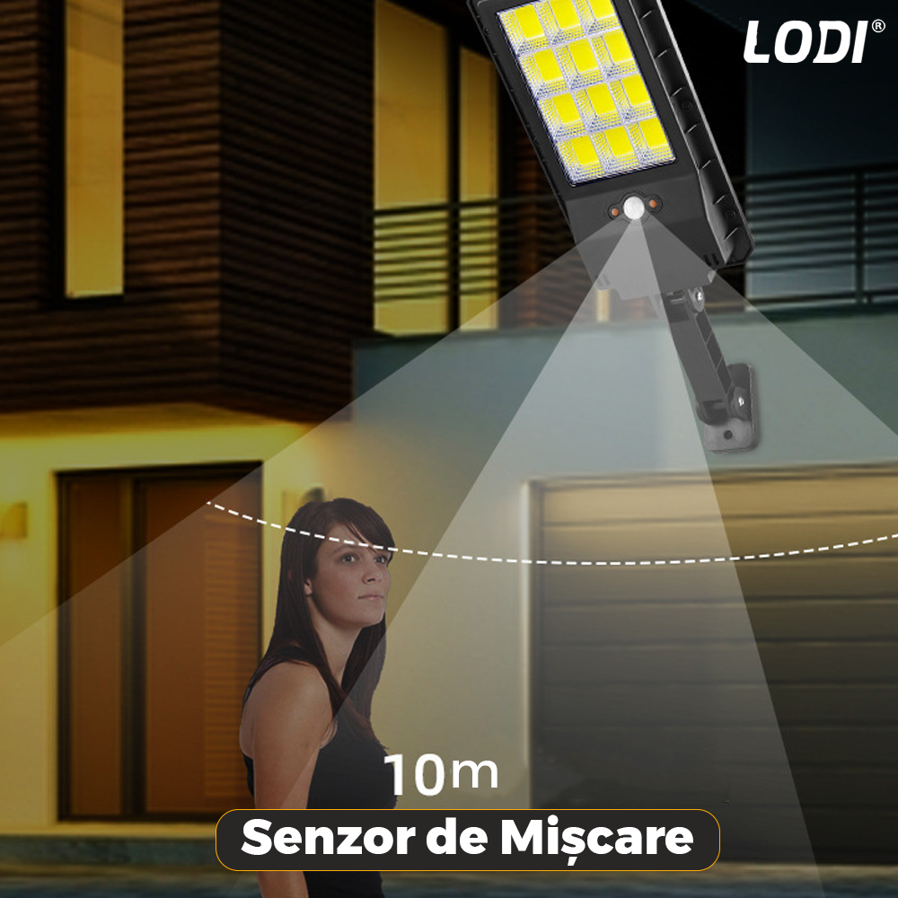 Lampa Solara Stradala 108 LED-uri Lodi863, control prin telecomanda, senzor de miscare, 3 moduri de iluminare, protectie IP65, Waterproof, exterior, negru