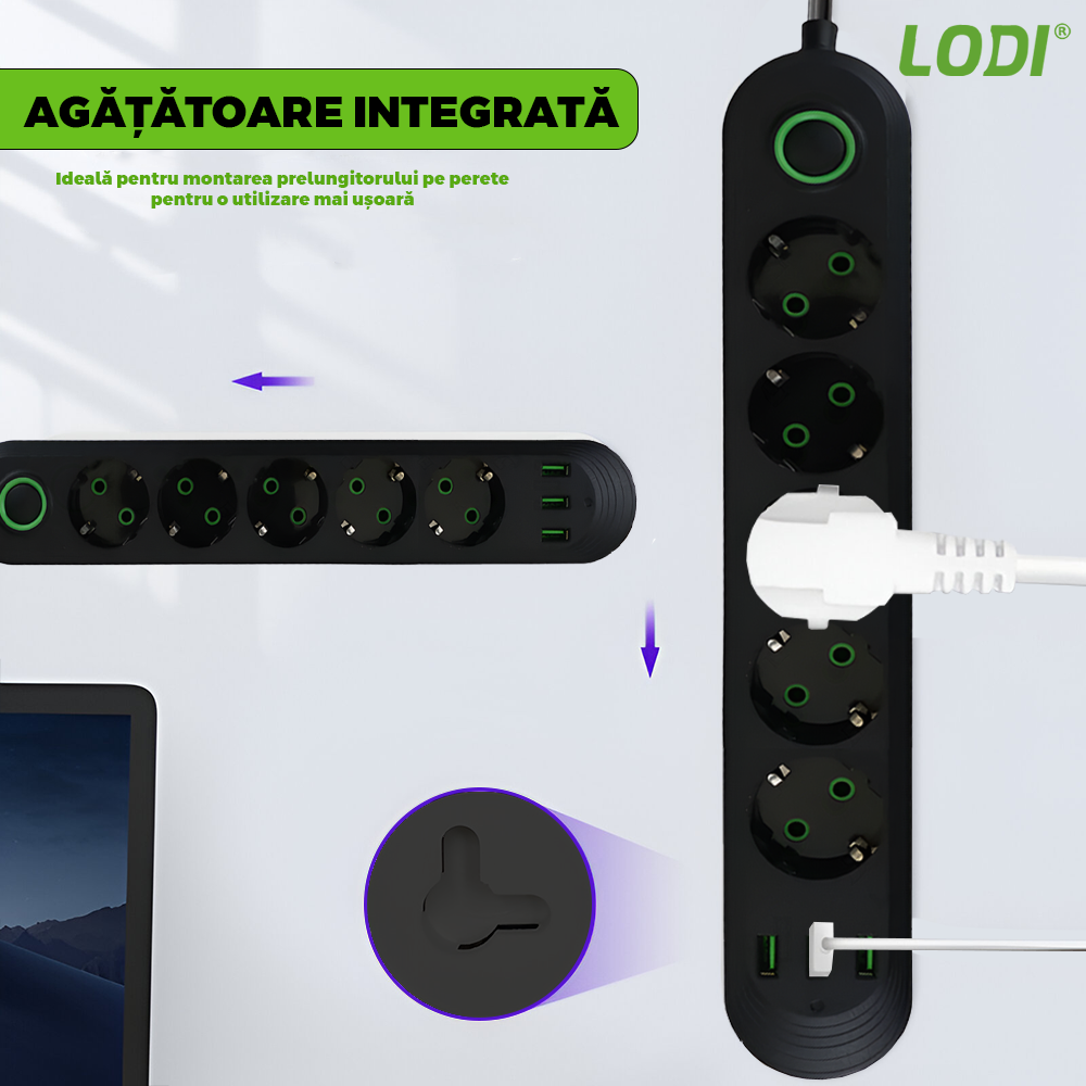 Prelungitor Lodi1279, 5 prize, 3 porturi USB, intrerupator, suport de agatare incorporat, rezistent la temperaturi inalte, universal, lungime 3 metri, negru