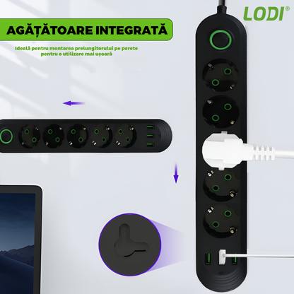 Prelungitor Lodi1279, 5 prize, 3 porturi USB, intrerupator, suport de agatare incorporat, rezistent la temperaturi inalte, universal, lungime 3 metri, negru