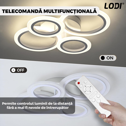 Lustra LED 4 Cercuri Lodi425,  dimabila cu telecomanda, 3 tipuri de lumina, intensitate ajustabila, lumina alba rece, neutra, alba cald, putere 110 W, 55 cm