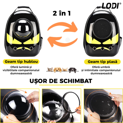 Rucsac Transport Animale Lodi24, greutate Max 7kg, hublou transparent, buzunar lateral, accesorii incluse, pentru talie mica, model Monstrulet, negru