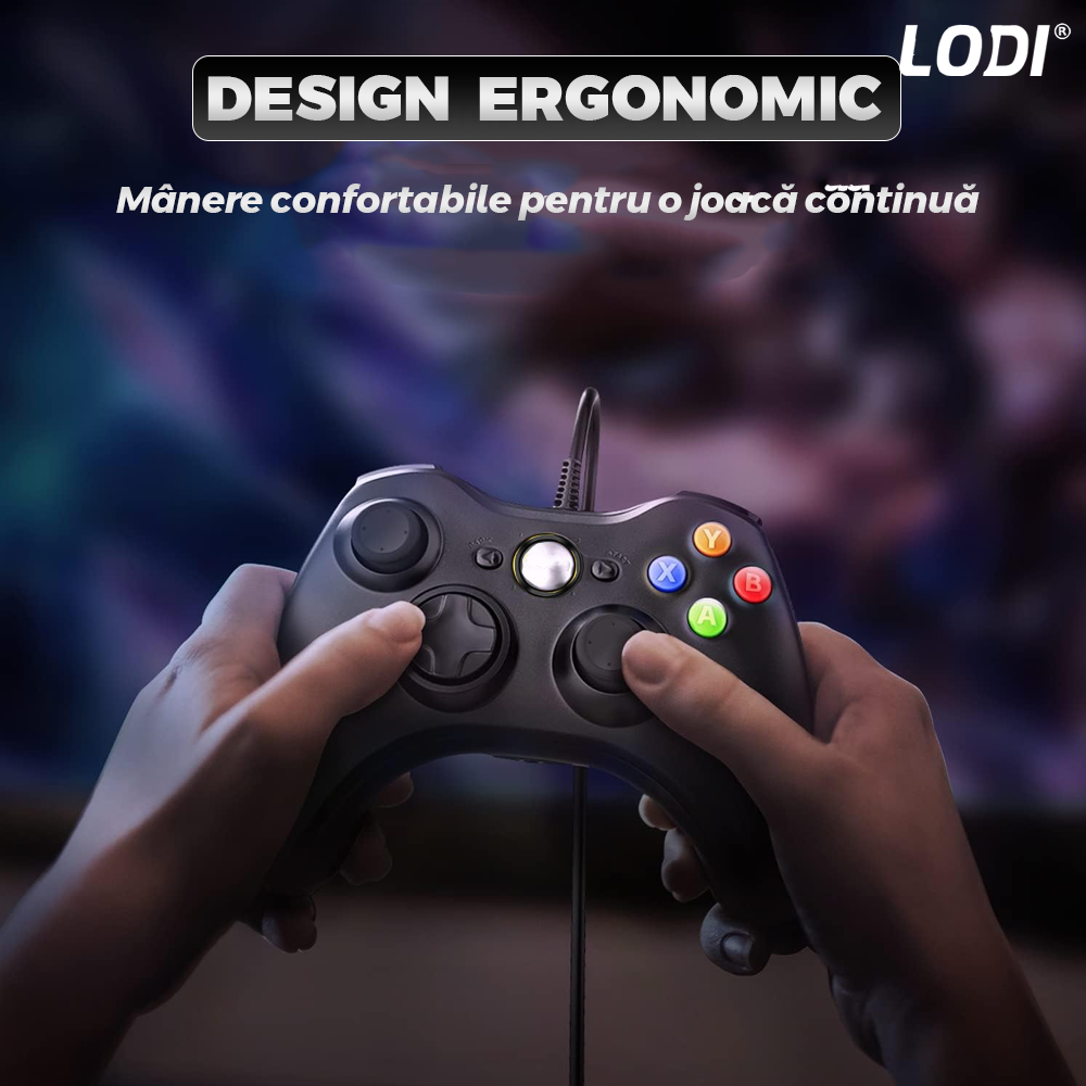Controller de Joc cu Fir Lodi1425, compatibil cu Xbox 360/Slim/PC Windows 7/8/10, vibrații duble turbo cu 3 intensități, sensitivitate ridicată, cablu cu lungime de 2.5 m, negru