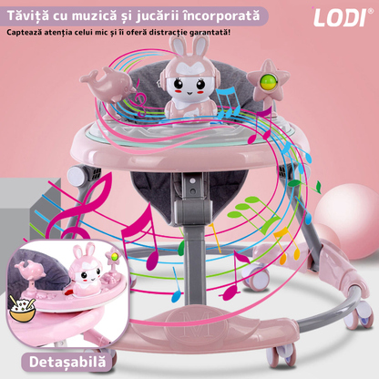 Premergator Multifunctional pentru Bebelusi Lodi29, tava cu 3 jucarii, muzica, reglabil, pliabil, greutate max 20kg, 6-36 luni, roz