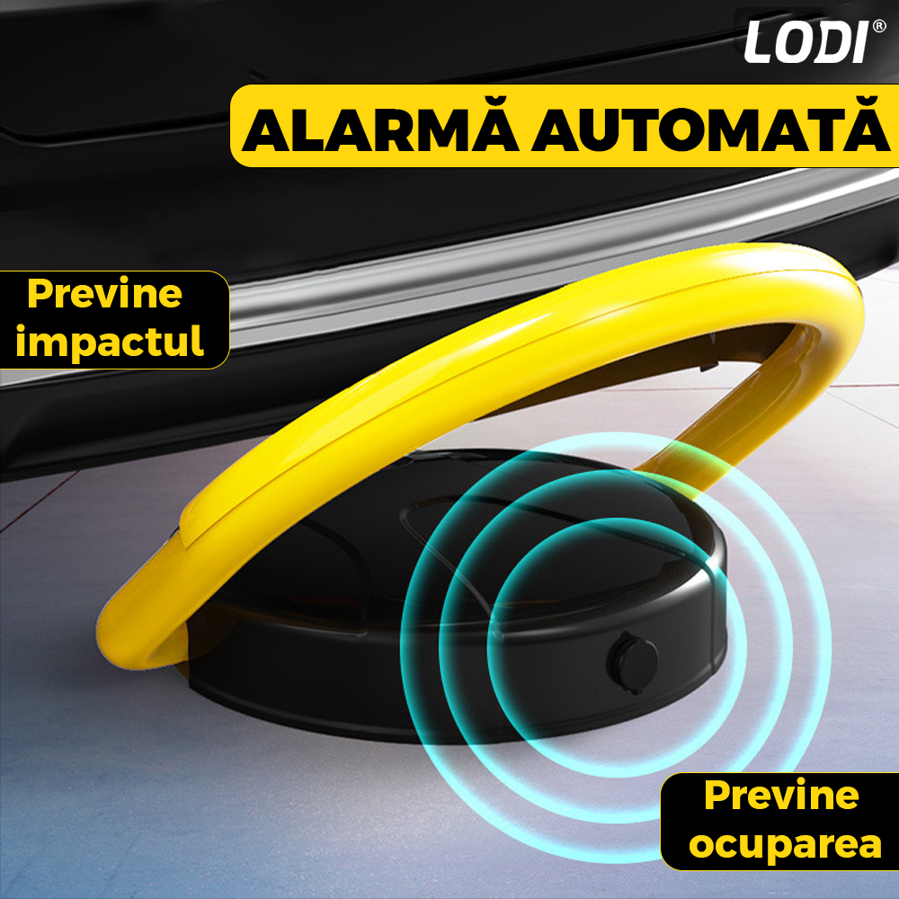 Blocator Parcare Automat Lodi674, pentru loc parcare si alee, cu telecomanda si alarma, greutate suportata 2 tone, material rezistent, anti-rugina, alimentare pe baterii, negru/galben