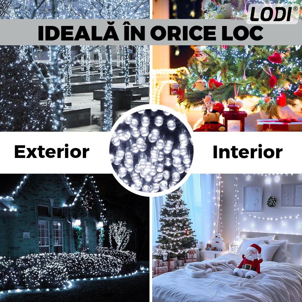 Instalatie de Craciun Liniara Lodi1435, 240 LED-uri, 8 jocuri de lumini, alimentare la priza, interior/exterior, rezistenta la apa, 50 m, alb rece