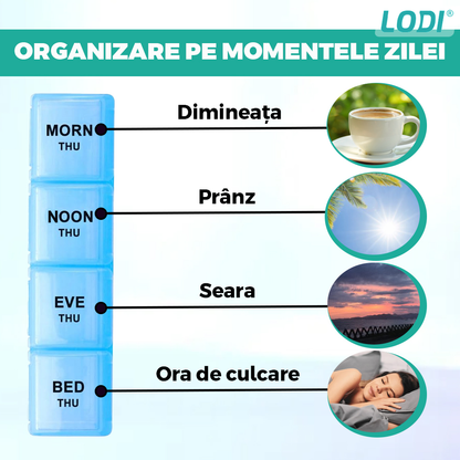 Gentuta Organizatoare de Medicamente Lodi416, pastile si vitamine, 7 zile, recipiente detasabile cu 4 compartimente, compacta, 19.5 x 13.5 x 3.5 cm, multicolor