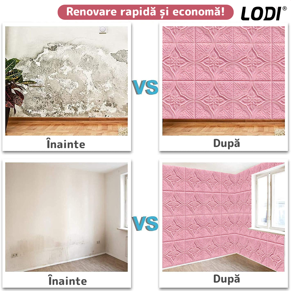 Set 10x Tapet 3D Lodi799, suprafata acoperire 4.9 mp, autoadeziv, Model Floral Diamant, perete/tavan, waterproof, usor de montat, design modern, 70x70 cm, roz