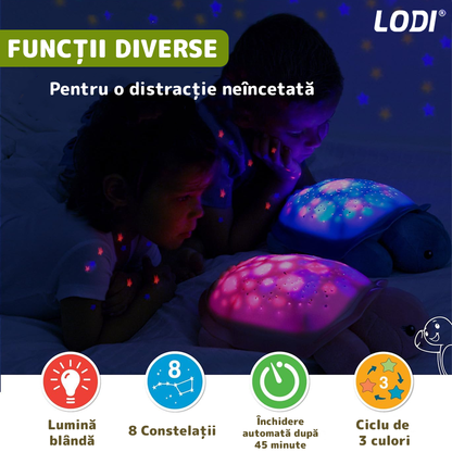 Lampa de Veghe Testoasa Lodi1431, proiector de lumini, 8 constelatii, lumina RBG, 2 cantece de adormit copiii, pufoasa si moale, mod inchidere automata, verde/galben