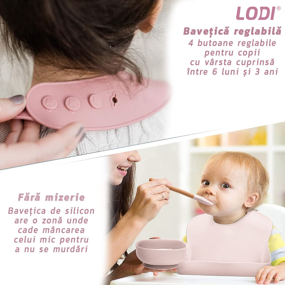 Set Hranire Bebeulsi Lodi249, 5 piese, termorezistente, silicon, fara BPA, pliabile, usor de curatat, roz blush