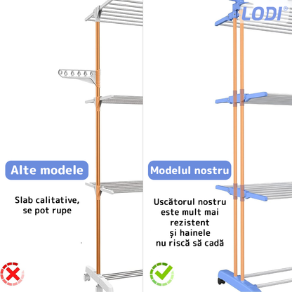 Uscator Vertical pentru Rufe si Haine Lodi290, 3 niveluri, mobil, pliabil, pentru spatii mici, suport umerase, cadru rezistent, inaltime 175cm, albastru
