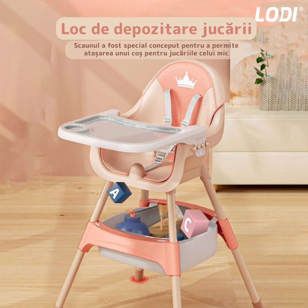 Scaun de Masa 3in1 pentru Bebelusi si Copii  Lodi90, inaltime ajustabila, centura de siguranta in 5 puncte, tavita reglabila si detasabila, loc depozitare jucarii, roz