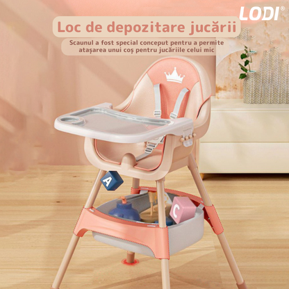 Scaun de Masa 3in1 pentru Bebelusi si Copii  Lodi90, inaltime ajustabila, centura de siguranta in 5 puncte, tavita reglabila si detasabila, loc depozitare jucarii, roz