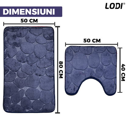 Set 2 Covorase de Baie Lodi1014, anti-derapante, material moale, design modern, model pietre, 80x50 & 50x40cm, bleumarin