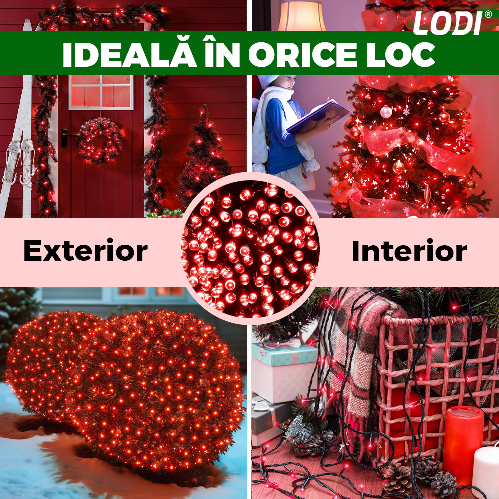 Instalatie de Craciun Liniara Lodi1436, 480 LED-uri, 8 jocuri de lumini, alimentare la priza, interior/exterior, rezistenta la apa, 100 m, rosu