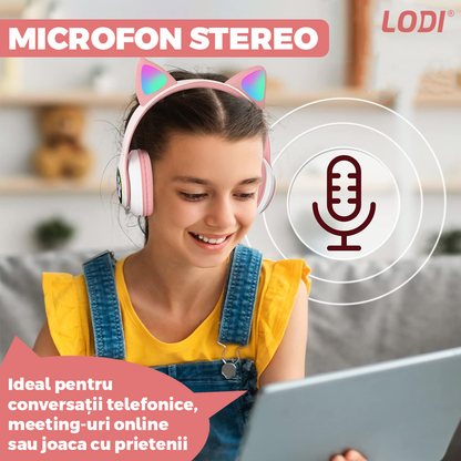 Casti Wireless Model Pisica Lodi945, STN-28, overear, urechi de pisica cu iluminare RGB, bluetooth 5.0, handsfree, HiFi, bass stereo, roz