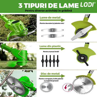 Motocoasa Electrica Lodi1175, acumulator 24V, baston telescopic, 3 tipuri de lame pentru taiere, 18000 RPM, autonomie de 2-3 ore, accesorii incluse, verde