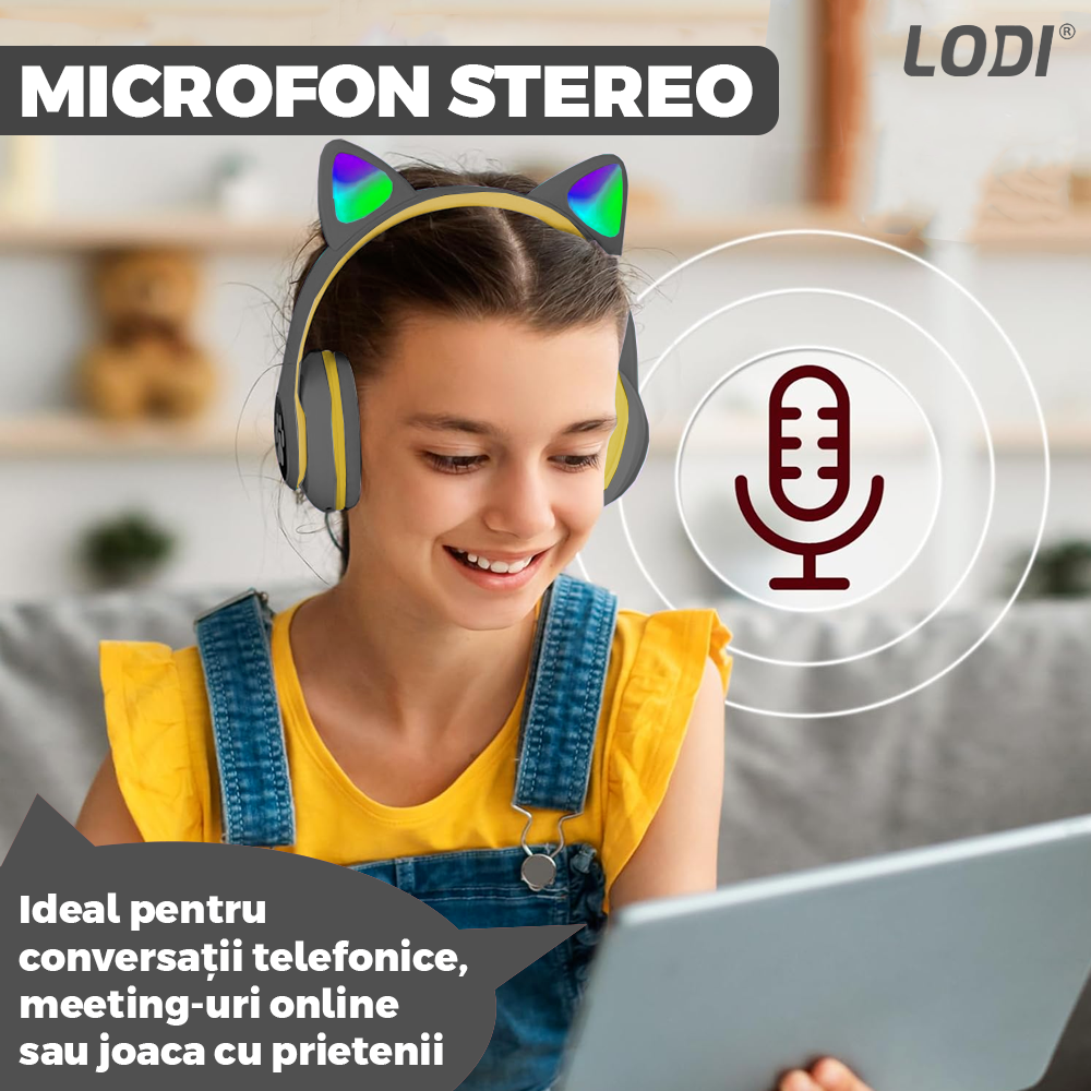 Casti Wireless Model Pisica Lodi950, overear, urechi de pisica cu iluminare RGB, bluetooth 5.0, handsfree, HiFi, bass stereo, gri/galben