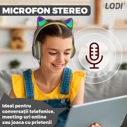 Casti Wireless Model Pisica Lodi950, overear, urechi de pisica cu iluminare RGB, bluetooth 5.0, handsfree, HiFi, bass stereo, gri/galben