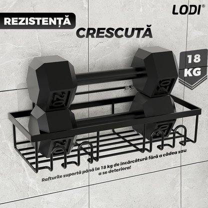 Set 2 Rafturi pentru Dus Lodi1265, depozitare si organizare, baie/bucatarie, otel inoxidabil, montare adeziva, rezistenta ridicata, cuiere incorporate, suporturi inalte, negru
