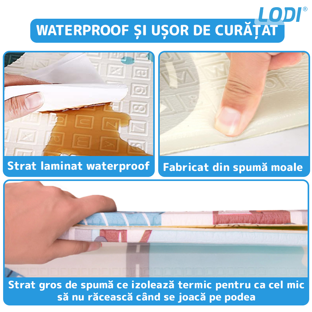 Covoras de Joaca pentru Copii Lodi287, 2 fete, termic, anti-derapant, pliabil, protectie impotriva loviturilor, oras si padure, 200x180cm, grosime 1 cm, multicolor