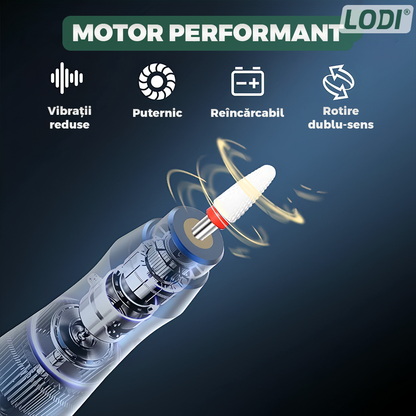 Pila Electrica Profesionala pentru Unghii Lodi1138, freza wireless, 18000 RPM, ecran LED, manichiura-pedichiura, 12 capete pentru pila, 36 benzi de slefurie, portabila, verde