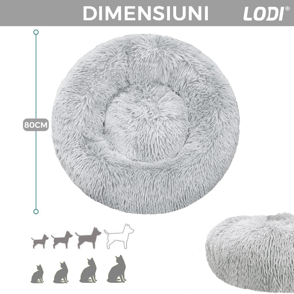 Pat Animale Lodi48, captusit, moale, pufos si calduros, pentru caini si pisici, diametru 80cm, baza anti-alunecare, gri