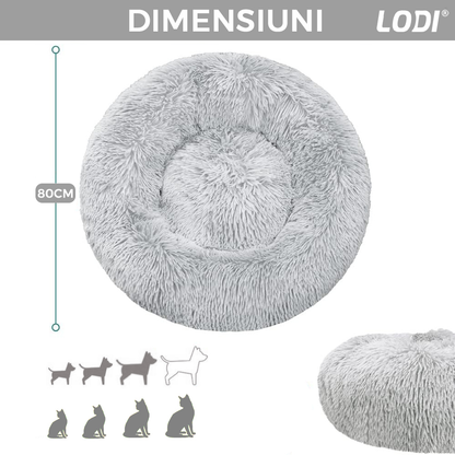 Pat Animale Lodi48, captusit, moale, pufos si calduros, pentru caini si pisici, diametru 80cm, baza anti-alunecare, gri