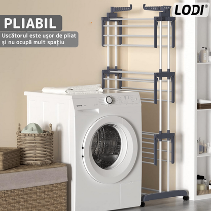 Uscator Vertical pentru Rufe si Haine Lodi1513, 3 niveluri, mobil, pliabil, pentru spatii mici, suport umerase, cadru rezistent, inaltime 175cm, negru