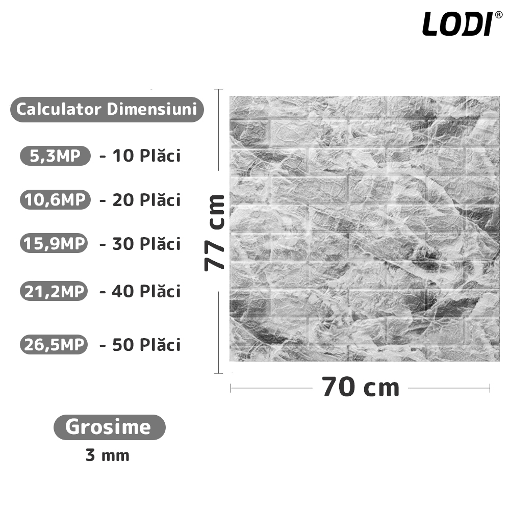 Set Tapet Caramida 3D Lodi78, Model Piatra Naturala, suprafata acoperire 5.3 mp, autoadeziv, waterproof, usor de montat, design modern, 70x77 cm, gri