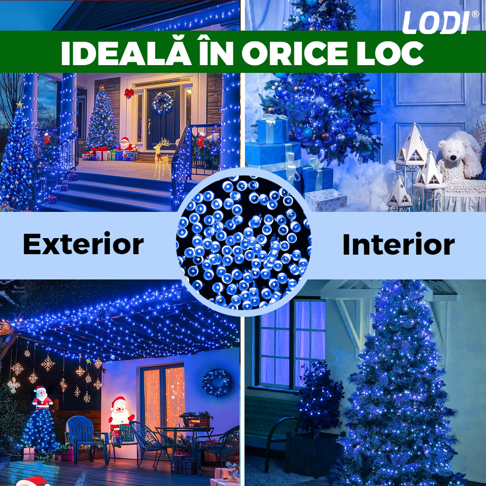 Instalatie de Craciun Liniara Lodi1438, 240 LED-uri, 8 jocuri de lumini, alimentare la priza, interior/exterior, rezistenta la apa, 50 m, albastru