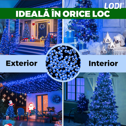 Instalatie de Craciun Liniara Lodi1438, 240 LED-uri, 8 jocuri de lumini, alimentare la priza, interior/exterior, rezistenta la apa, 50 m, albastru