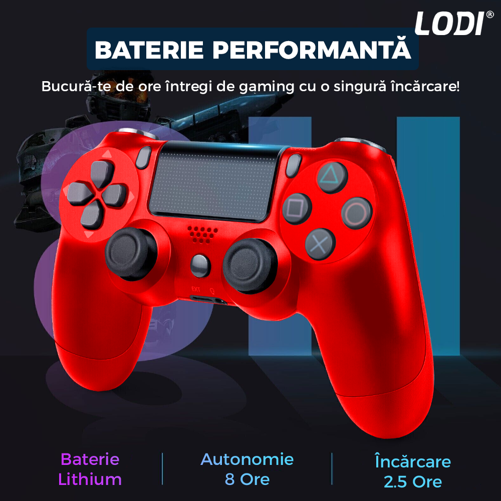 Controller Wireless DoubleShock Lodi1196, compatibil cu PS4, joystick-uri analog, vibratie dubla, baterie performanta, rosu