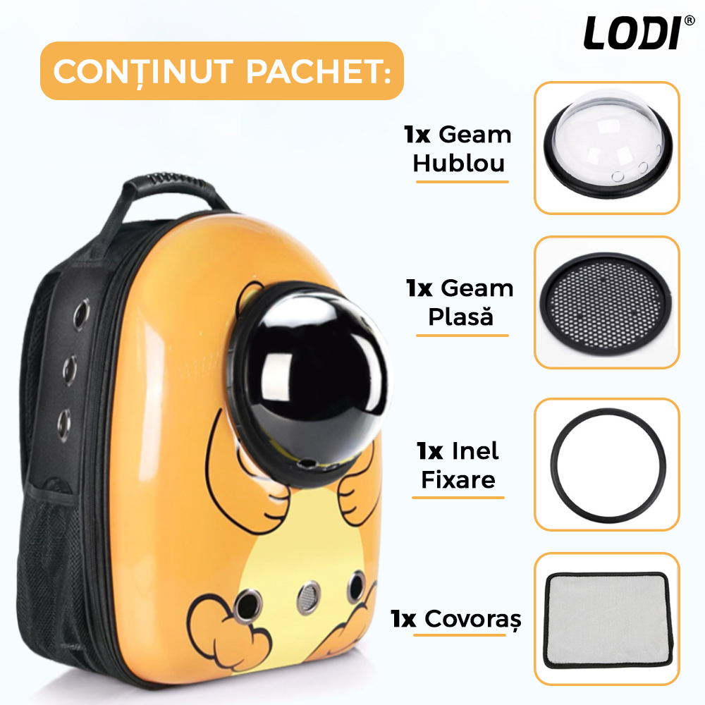 Rucsac Transport Animale Lodi28, greutate Max 7kg, hublou transparent, buzunar lateral, accesorii incluse, pentru talie mica, Urs, maro
