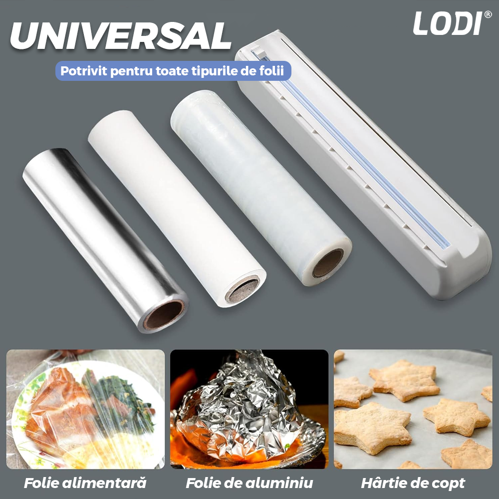 Dispenser de Bucatarie Lodi1417, pentru folie alimentara/ folie de aluminiu/ hartie de copt, rezistent, montare usoara cu ventuze, compatibil cu diverse dimensiuni de role, alb