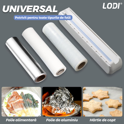 Dispenser de Bucatarie Lodi1417, pentru folie alimentara/ folie de aluminiu/ hartie de copt, rezistent, montare usoara cu ventuze, compatibil cu diverse dimensiuni de role, alb