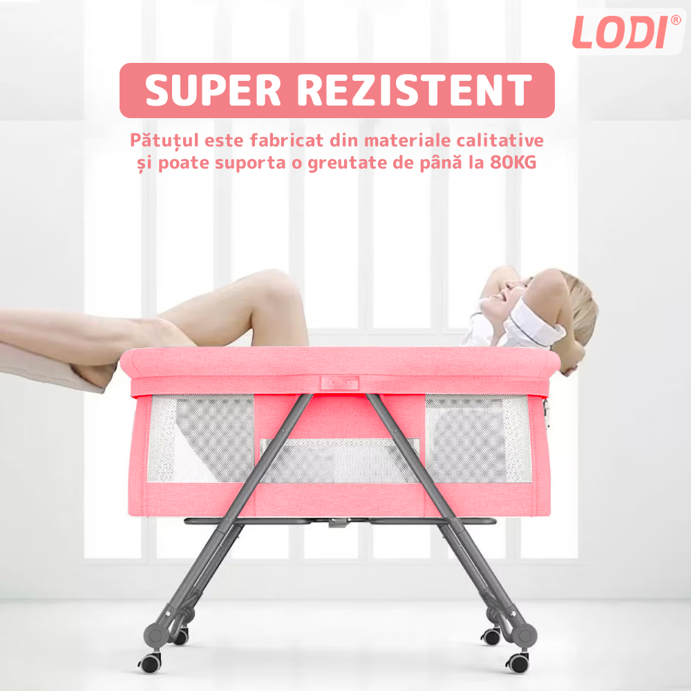 Patut Pliabil pentru Bebelusi Lodi1134, 3 trepte de inclinare, sistem de blocare, plasa anti-insecte, cos depozitare, roz deschis