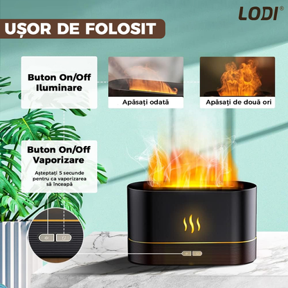 Difuzor Aromaterapie Lodi218, Efect Flacara, 2 trepte de luminozitate, oprire automata, capacitate 180ml, silentios, umidifica aerul, negru