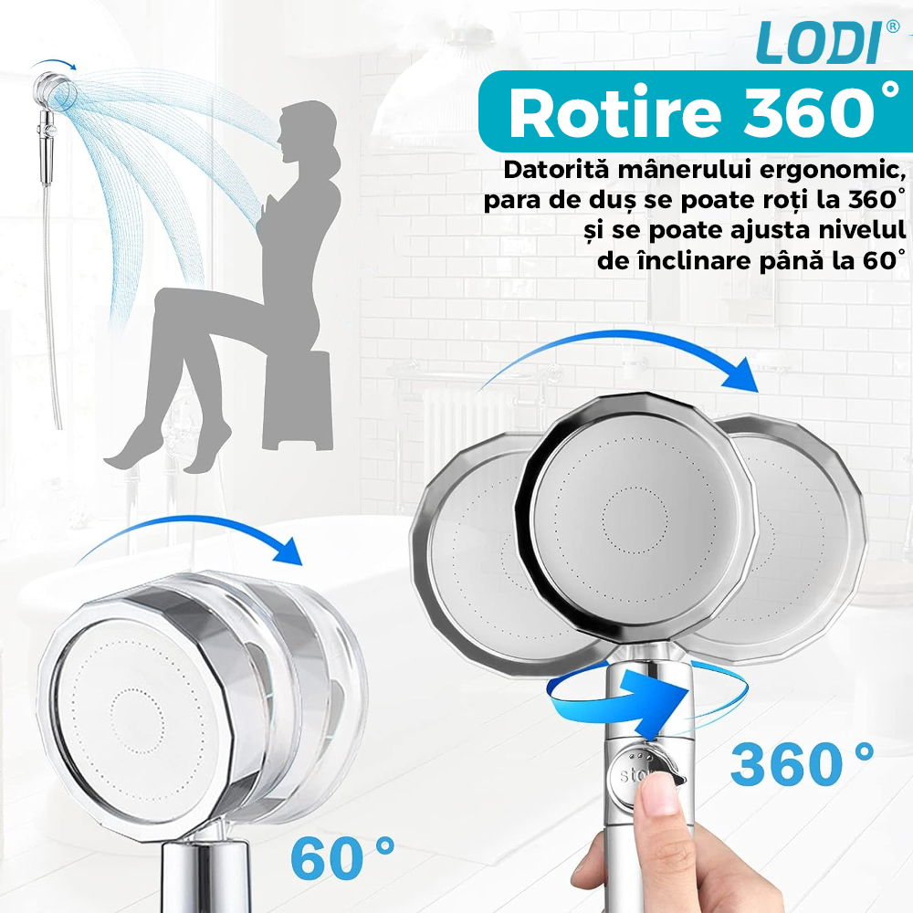 Para de Dus Turbo Lodi196, 2 filtre extra, buton On/Off, presiune ajustabila, filtrare apa, jet uniform, cap Rotativ 360°, albastru